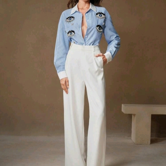 Women's Riveted Rhinestone Embellished Blue Striped Patch-Up Shirt Top - Picture 4 of 6